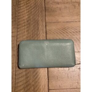 Fossil Logan Zip Around Leather Clutch Wallet Seafoam Blue Green Gold Hardware